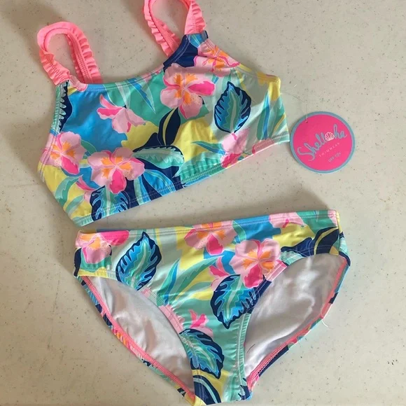 Shelloha Swimwear Girls 2-piece Swim Suit Ruffle Bright Tropical Floral UPF50+ - Picture 1 of 4